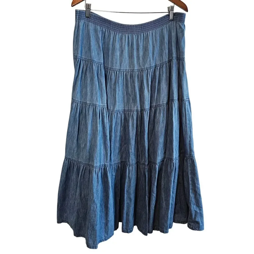 Vintage 90s Denim Maxi Skirt Womens Large Blue Tiered Cottage Western Full Boho